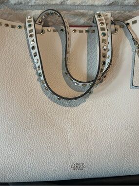 Vince Camuto White Pebbled Leather Tote with Multicolor Stud Straps